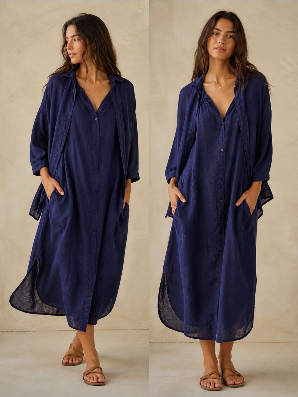 CP SHADES Navy Blue Linen Button Front 2-Piece Midi Shirtdress Dress Top Set